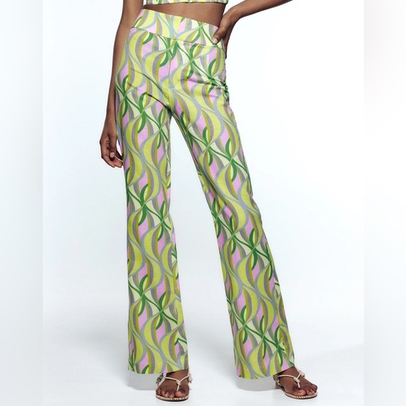 NWOT Zara Printed Linen Blend Flared Trousers, Multicolor Geometric Print, Sz S - Picture 1 of 8